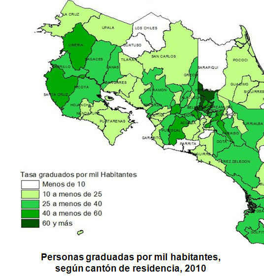 Mapa en el que se ven los cantones de la RHN y su indice de graduados por cada mil habitantes.